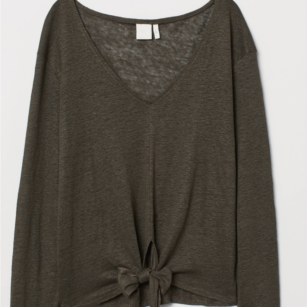 H&M Olive Long Sleeve Tie-Front Top